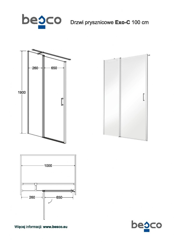 HOPA Bezrámové sprchové dveře EXO-C BARVA rámu Chrom/Leštěný hliník (ALU), Pevná stěna 80 cm, Rozměr A 100 cm, Rozměr C 190 cm, Směr zavírání Univerzální Levé / Pravé, Výplň Čiré bezpečnostní