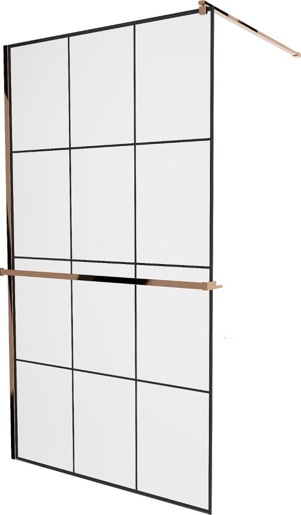 MEXEN/S KIOTO Sprchová zástěna WALK-IN s poličkou a držákem ručníků 100 x 200, transparent/černá 8 mm růžové zlato 800-100-121-60-77