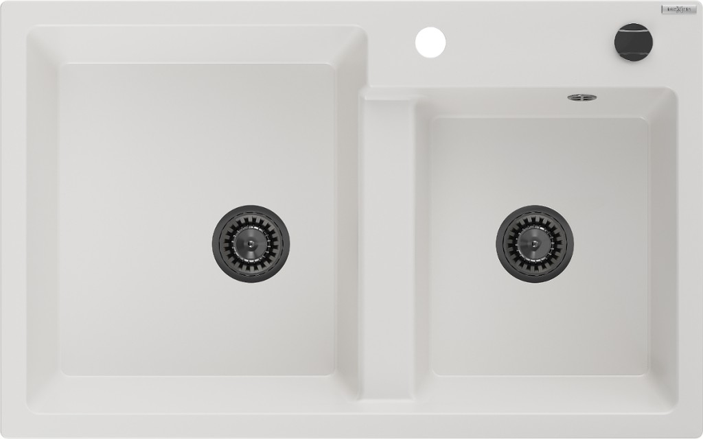 MEXEN/S Tomas granitový dřez 2-bowl 800 x 500 mm, bílá, + černý sifon 6516802000-20-B