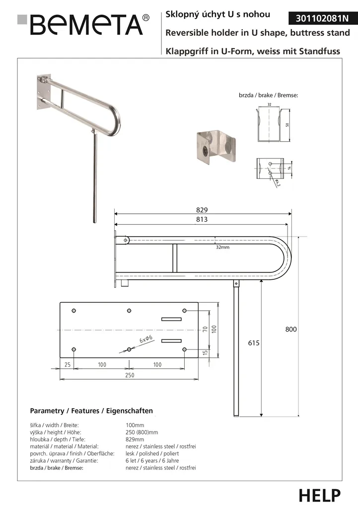 BEMETA HELP sklopné madlo ve tvaru U s opěrnou nohou 813mm bílý 301102084N