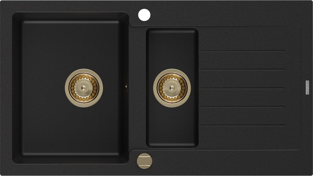 MEXEN/S Matias granitový dřez 1.5 s odkapávačem 900 x 505 mm, černý, zlatý sifon 6502901505-77-G