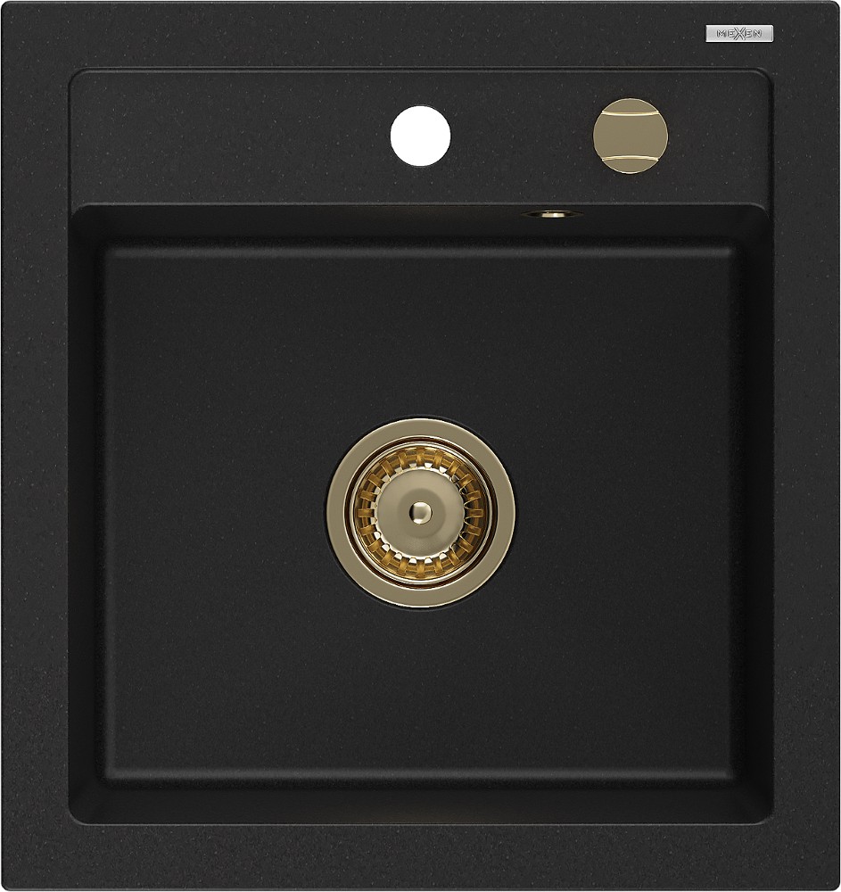 MEXEN/S Vito granitový dřez 1-miska 520 x 490 mm, černý, zlatý sifon 6503521000-77-G