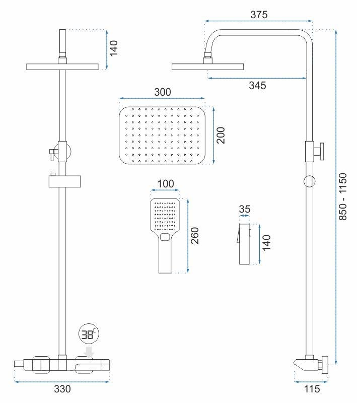 REA Sprchový set s baterií 150mm Lungo termostat ROB černá REA-P6627