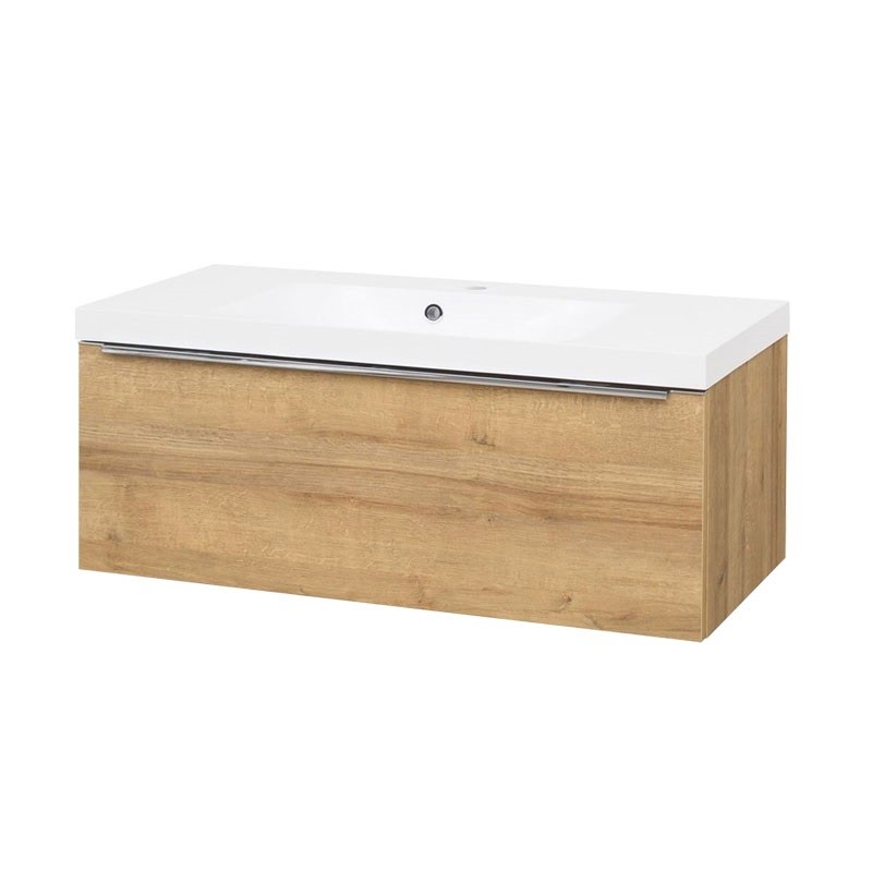 MEREO Mailo, koupelnová skříňka s umyvadlem z litého mramoru 101 cm, dub Riviera, chrom madlo CN527M