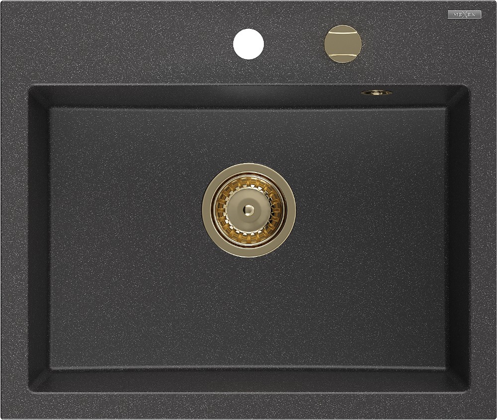 MEXEN/S Oscar granitový dřez 580 x 490 mm, černá kropenatá, zlatý sifon 6519581000-76-G