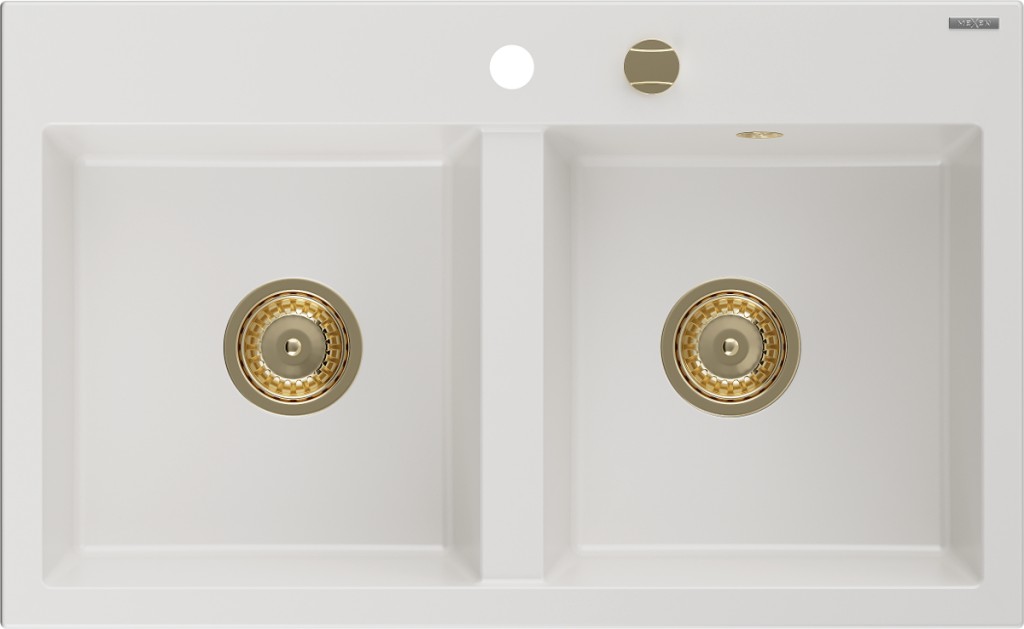 MEXEN/S Hektor granitový dřez 2-bowl 800 x 480 mm, bílá, zlatý sifon 6521802000-20-G