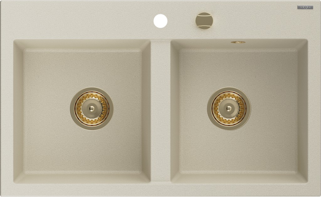 MEXEN/S Hektor granitový dřez 2-bowl 800 x 480 mm, béžová, zlatý sifon 6521802000-69-G