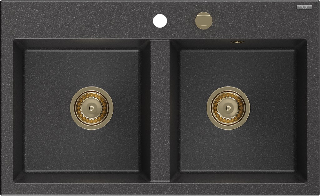 MEXEN/S Hektor granitový dřez 2-bowl 800 x 480 mm, černá kropenatá, zlatý sifon 6521802000-76-G