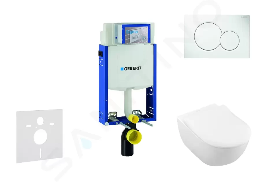 GEBERIT Kombifix Modul pro závěsné WC s tlačítkem Sigma01, alpská bílá + Villeroy Boch WC a sedátko, DirectFlush, SoftClose, CeramicPlus 110.302.00.5 NI1