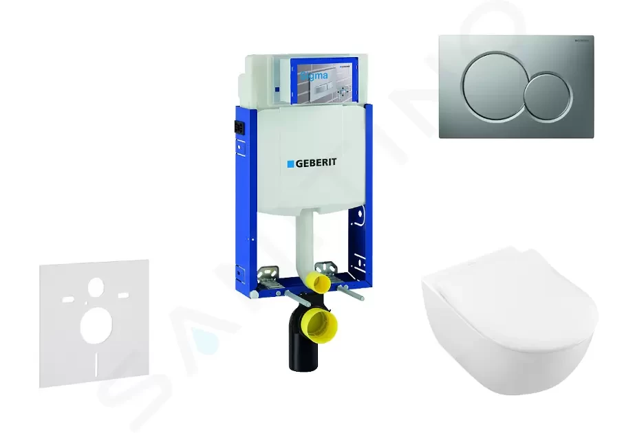 GEBERIT Kombifix Modul pro závěsné WC s tlačítkem Sigma01, matný chrom + Villeroy Boch WC a sedátko, DirectFlush, SoftClose, CeramicPlus 110.302.00.5 NI3