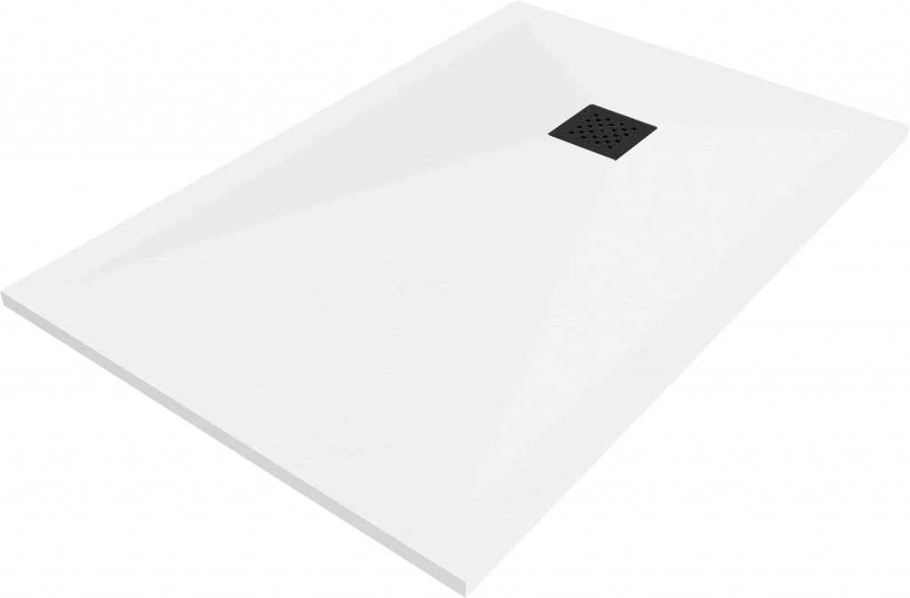 MEXEN/S Stone+ obdélníková sprchová vanička 130 x 70, bílá, mřížka černá 44107013-B