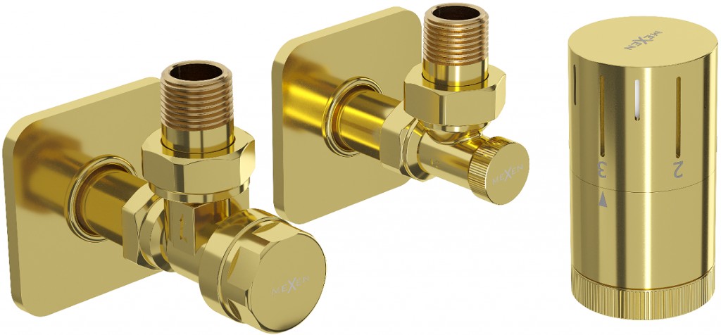 MEXEN/S G05 úhlová termostatická souprava pro radiátor + krycí rozeta S, zlatá W901-958-909-50