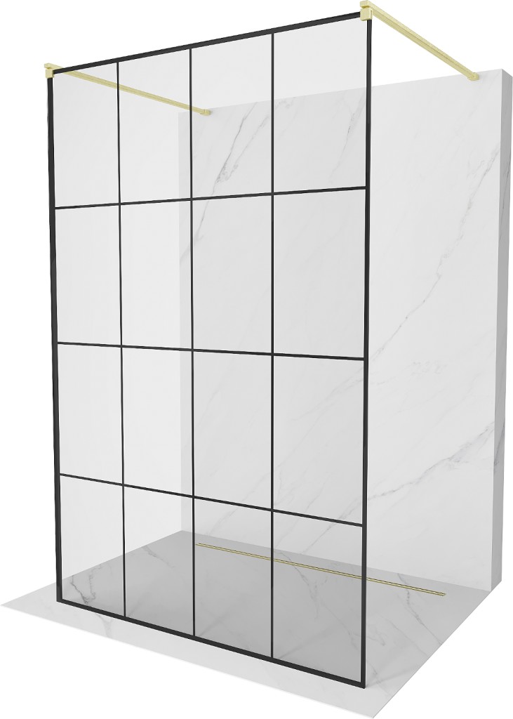 MEXEN/S Kioto samostatně stojící sprchová zástěna 130 x 200, černý vzor 8 mm, zlatál kartáčovaná 800-130-002-55-77