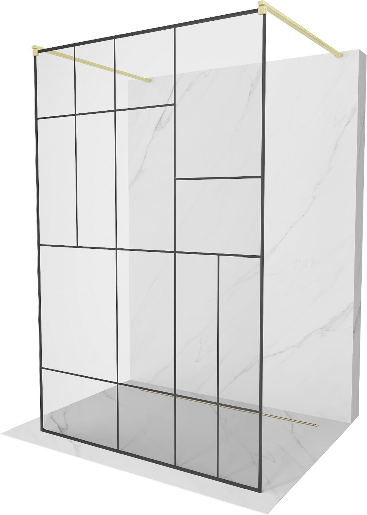 MEXEN/S Kioto samostatně stojící sprchová zástěna 100 x 200, černý vzor 8 mm, zlatá kartáčovaná 800-100-002-55-78