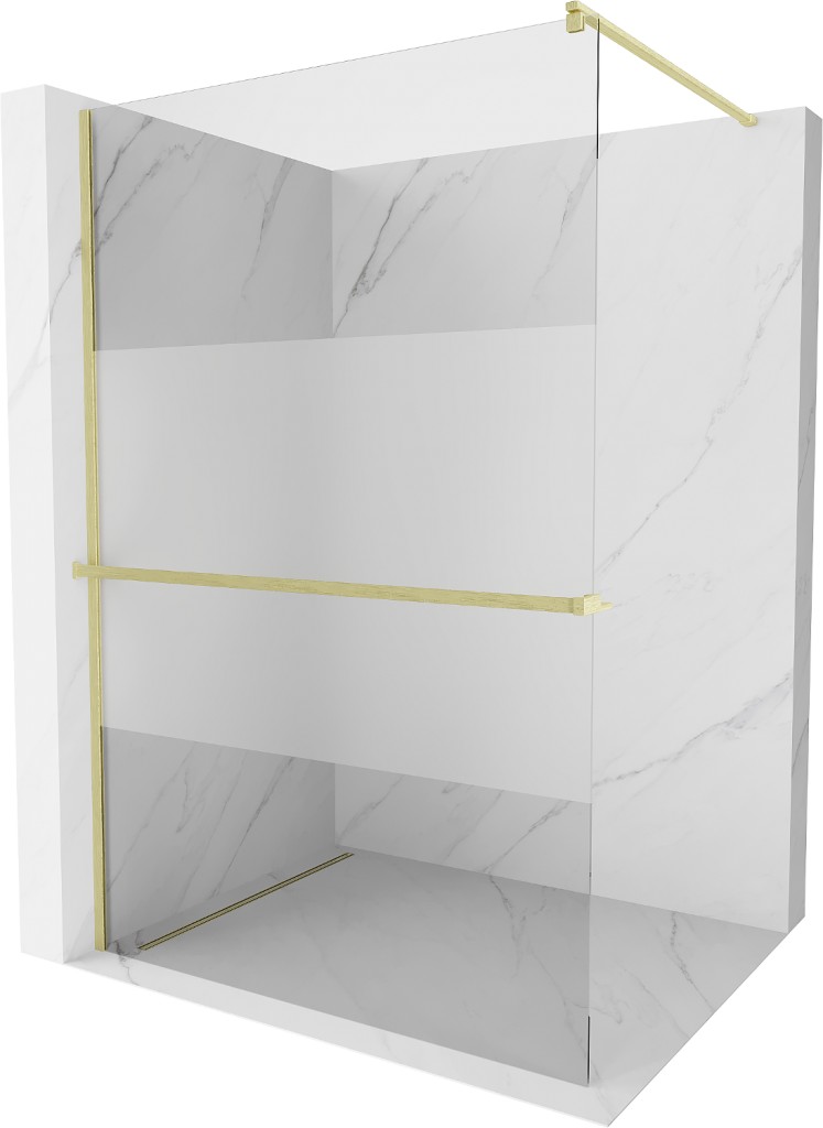 MEXEN/S Kioto+ Sprchová zástěna WALK-IN s poličkou a držákem ručníků 90 x 200 cm, transparent/dekor, zlatá kartáčovaná 800-090-121-55-35