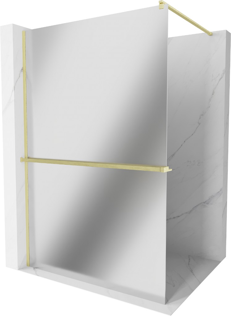 MEXEN/S Kioto+ Sprchová zástěna WALK-IN s poličkou a držákem ručníků 70 x 200 cm, zrcadlová, zlatá kartáčovaná 800-070-121-55-50