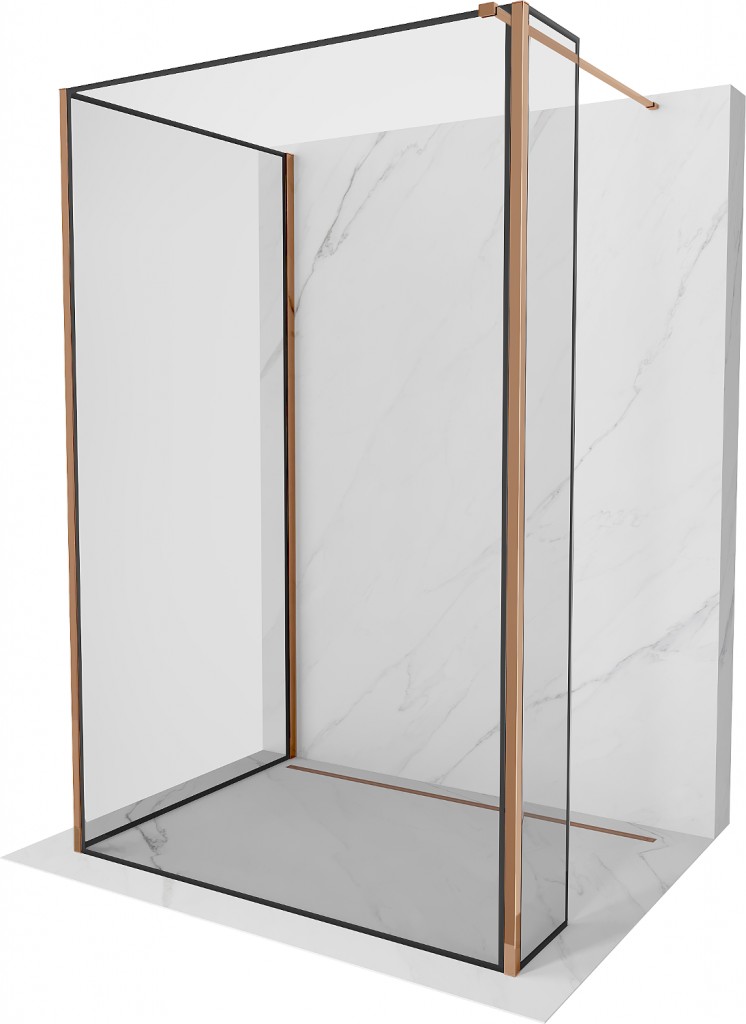 MEXEN/S Kioto Sprchová zástěna WALK-IN 90 x 70 x 30 cm, černá vzor, růžové zlato 800-090-070-221-60-70-030