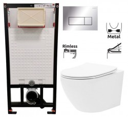 DEANTE Podomítkový rám, pro závěsné WC mísy + SLIM tlačítko chrom + WC REA Carlo Flat Mini Rimless + SEDÁTKO (CST_WC01 051P CF1)