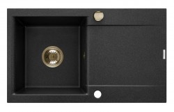 INVENA - Granitový dřez TESALIA dlouhý odkap, černý s automatickým sifonem, zlatý (AZ-01-Z43-B)