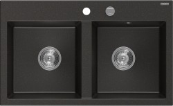 MEXEN - Hektor granitový dřez 2-bowl 800 x 480 mm, černá/zlatá metalik, sifon chrom (6521802000-75)