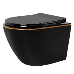 REA - Závěsná WC mísa včetně sedátka Carlo Mini Flat černá/zlatý proužek + sedátko duraplast (REA-C8800)
