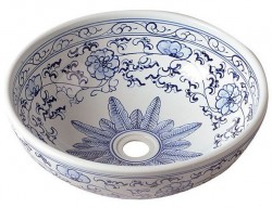 SAPHO - PRIORI keramické umyvadlo na desku, Ø 41 cm, bílá s modrým vzorem (PI012)